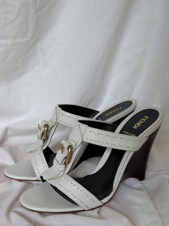 Fendi, Fendi White Leather Strappy Mules Sandals on Wedges Rose Gold Buckle