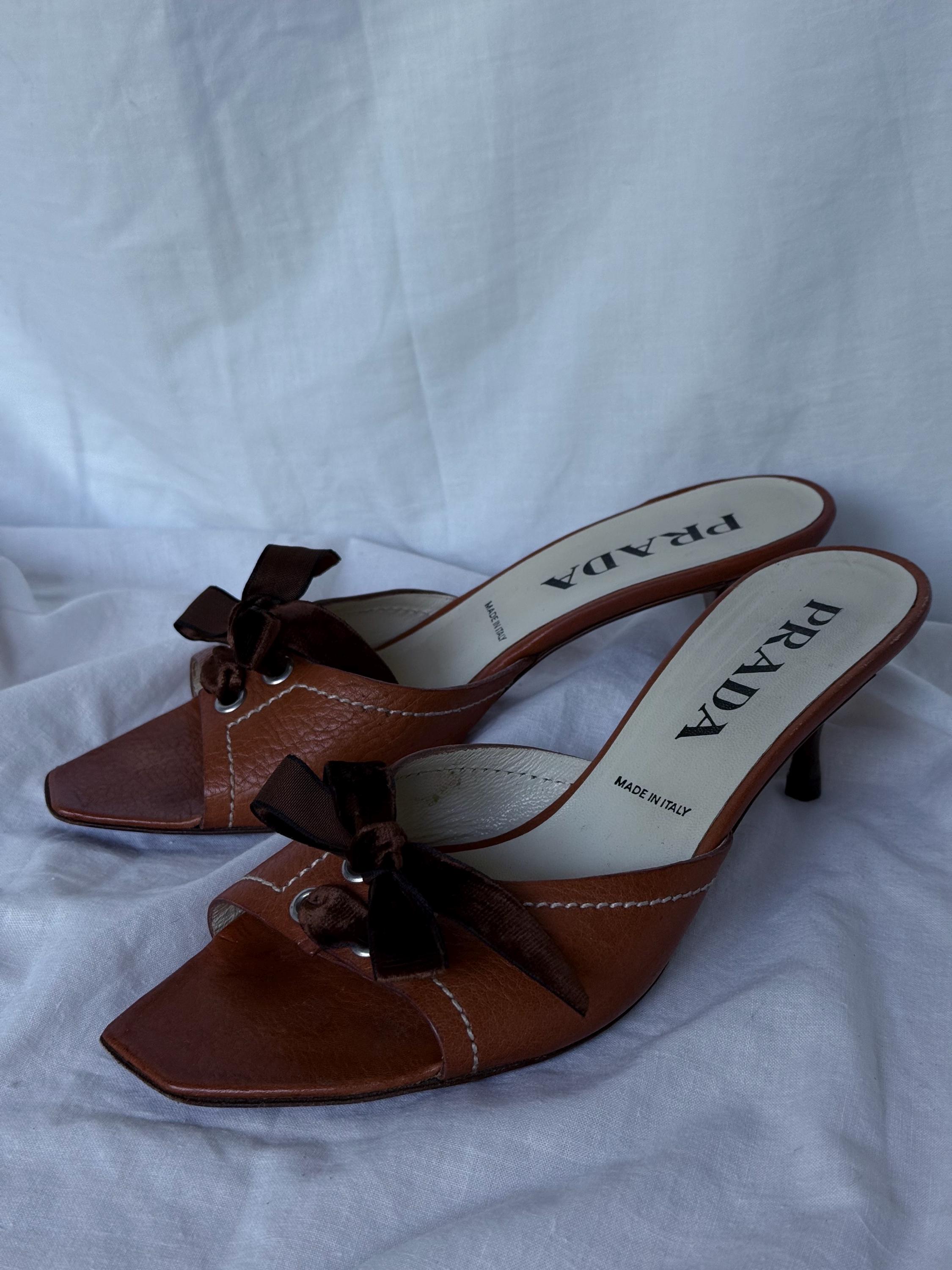 Prada Leather Brown Velvet Bows Mules Kitten Heels - Etsy