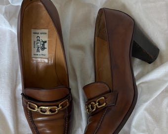 Prada Camel Leather Metal Plaque Mules on kitten heels