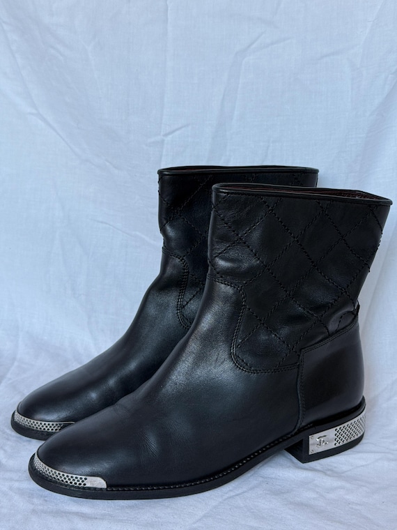 Chanel Black Quilted Leather Steel Metal Toe Motorcycle Military Ankle Boots
