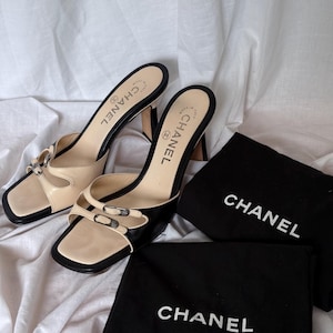 Chanel Beige Black Leather Camellia Mules Sandals Pumps