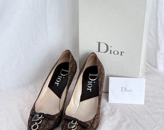 Dior Vintage Brown Canvas Leather Bows Monogram Pumps Heels