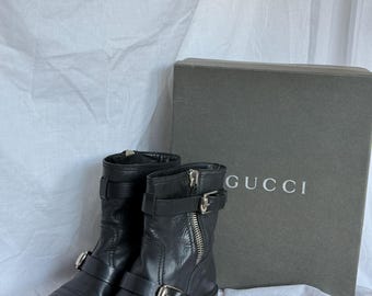 Bottes de motard Bonneville en cuir noir rares vintage Gucci