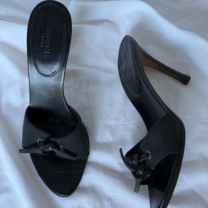 Gucci Black Canvas Monogram GG Mules Heels