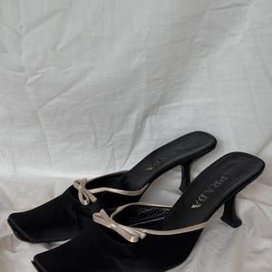 Prada Black Cloth Satin Pink Bows Mules