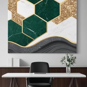 Sechseck-Marmor-Wand-Kunst-abstrakter geometrischer Digitaldruck mit goldenen und schwarzen Akzenten