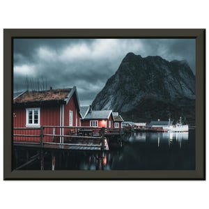 Lofoten Islands Photography, Norway Wall Art, Matte Paper Aluminum Framed Poster, Mountain Landscape Wall Art, Red Cabin Decor
