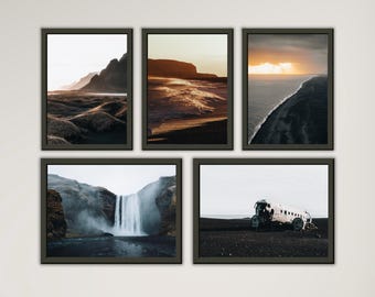 Iceland Photography Set of 5: Waterfall & Mountain Nature Prints (Digital Download)