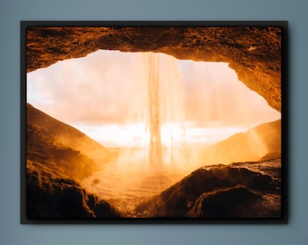 Iceland Waterfall Photography: Digital Sunset Calming Nature Wall Art