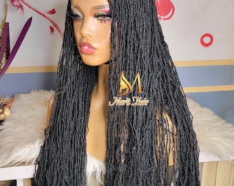 Handmade Full Lace Sisterlocks Wig, Black Synthetic Microlocs, 32 inches