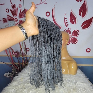 May include: A bundle of gray dreadlocks, held up against a background with floral wall art. The dreadlocks are long and have a textured appearance. A mannequin head is visible in the background.