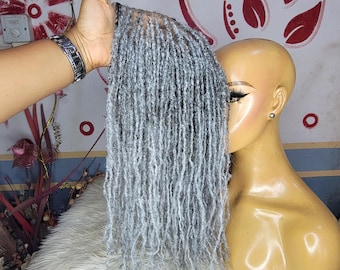 Handmade 16" Sister Locs Lace Topper, Salt and Pepper Microlocs,6*8 clip in lace