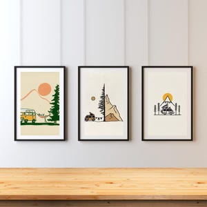 Vintage Camper Wall Art Set of 3 – Autumn Caravan Posters – Minimalist Travel Trailer Prints – Cozy Retro RV Decor for Living Room or Office