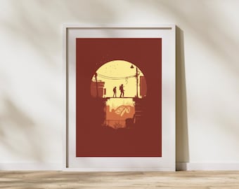 Stampa di un giocatore post-apocalittico: silhouette di un sopravvissuto in stile pixel art retrò