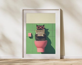Funny Black Cat Bathroom Wall Art – Cat on Toilet Poster with Sunglasses – Quirky Cat Lover Gift  - Animal Poster - Cat poster