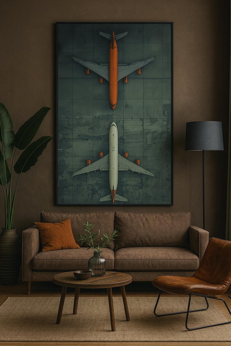 Puede incluir: Una obra de arte enmarcada con dos vistas a&eacute;reas de aviones en una pista verde y gris. El avi&oacute;n superior es naranja y el inferior es blanco. La obra cuelga sobre un sof&aacute; marr&oacute;n con un coj&iacute;n naranja.