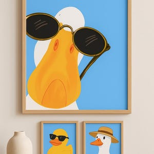 May include: A framed print featuring a cartoon duck wearing sunglasses against a blue background. Below, two smaller framed prints depict a rubber duck with sunglasses and a duck wearing a hat. The artwork is displayed on a wooden surface.