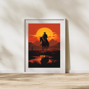 Cowboy Sunset Print: Western Horseback Art, Rustic Home Decor