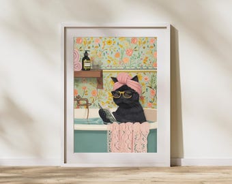 Funny Black Cat Bathroom Wall Art – Cat on Toilet Poster with Sunglasses – Quirky Cat Lover Gift  - Aninal Poster - Cat poster