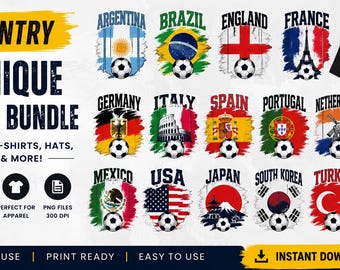 Paquete de 5 imágenes SVG de deportes de países / Paquete de imágenes PNG para aficionados al fútbol / Diseños de banderas de países para camisetas, gorras y otros productos / Descarga instantánea