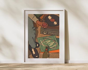 Vintage Wine & Vinyl Record Poster – Mid-Century Modern Art (Digital or Physical Print)