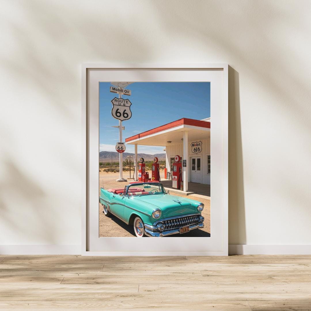 Route 66 Wall Art, Vintage Car Poster, Retro Gas Station Print, Classic ...
