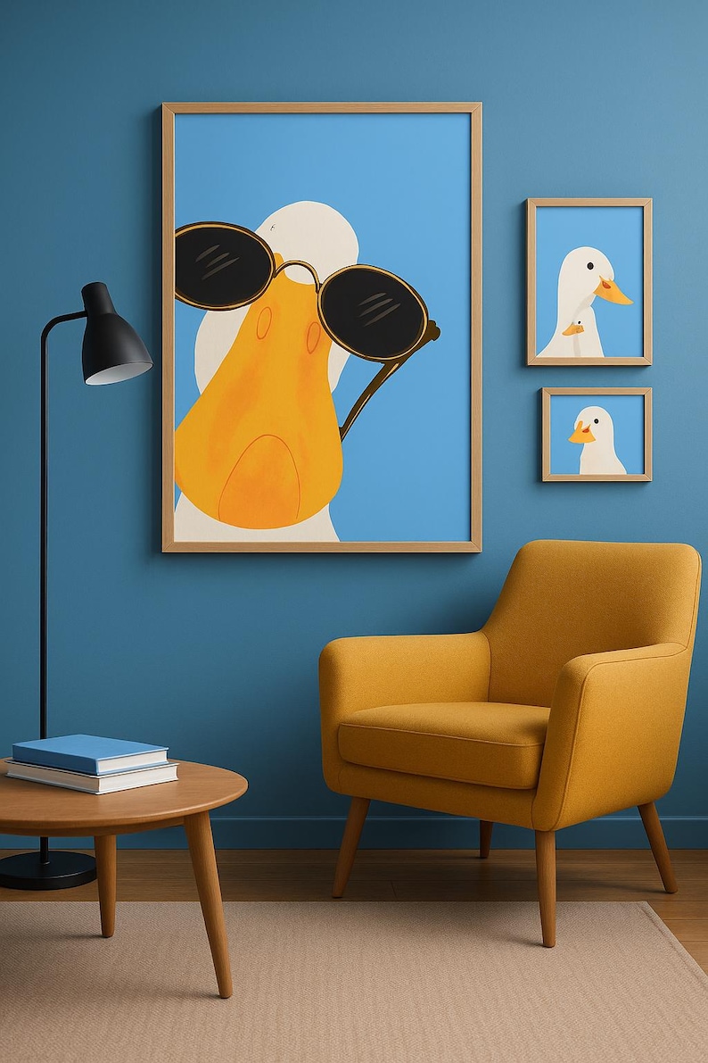 May include: A set of framed art prints featuring a cartoon duck wearing sunglasses. The main print shows a close-up of the duck's face, with two smaller prints of the duck's head. The prints are displayed on a blue wall.