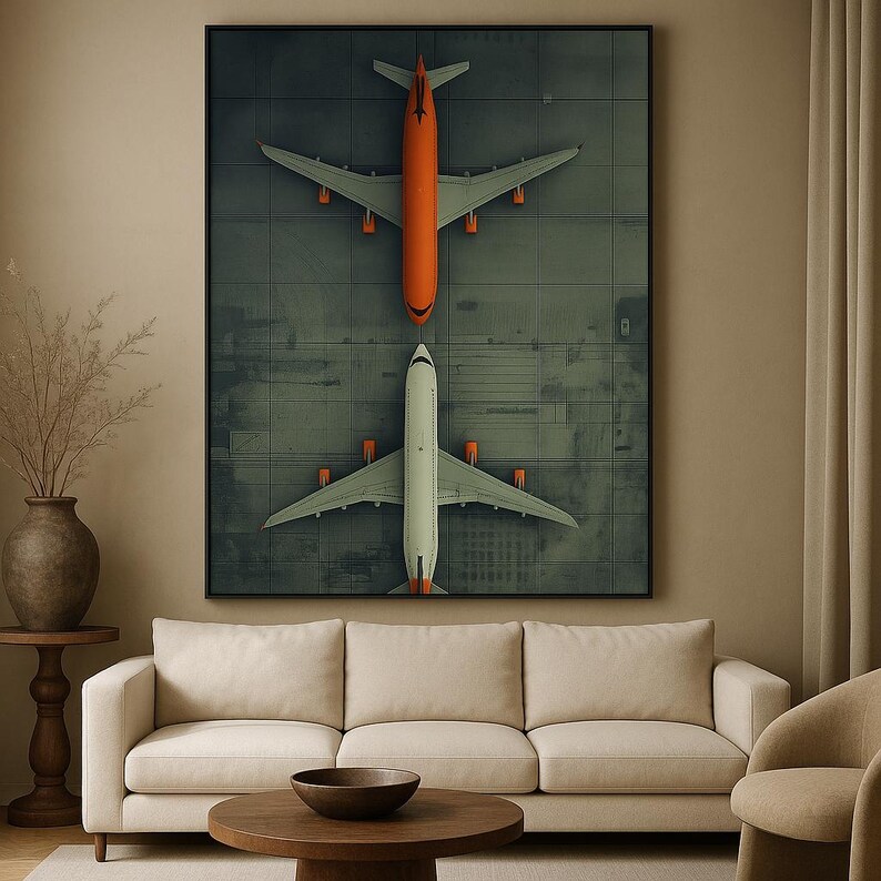 Puede incluir: Una obra de arte enmarcada con dos aviones, uno naranja y otro blanco, sobre un fondo gris. Los aviones est&aacute;n dispuestos verticalmente, reflej&aacute;ndose entre s&iacute;. La obra cuelga sobre un sof&aacute; beige.