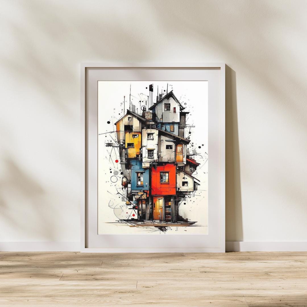 Modern Cityscape Wall Art Print – Abstract Urban House Poster, Colorful ...