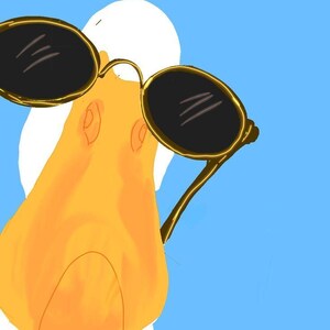 May include: Illustration of a duck's head wearing sunglasses. The duck has a yellow beak and is set against a blue background. The sunglasses have black lenses and gold frames, giving the duck a cool appearance.