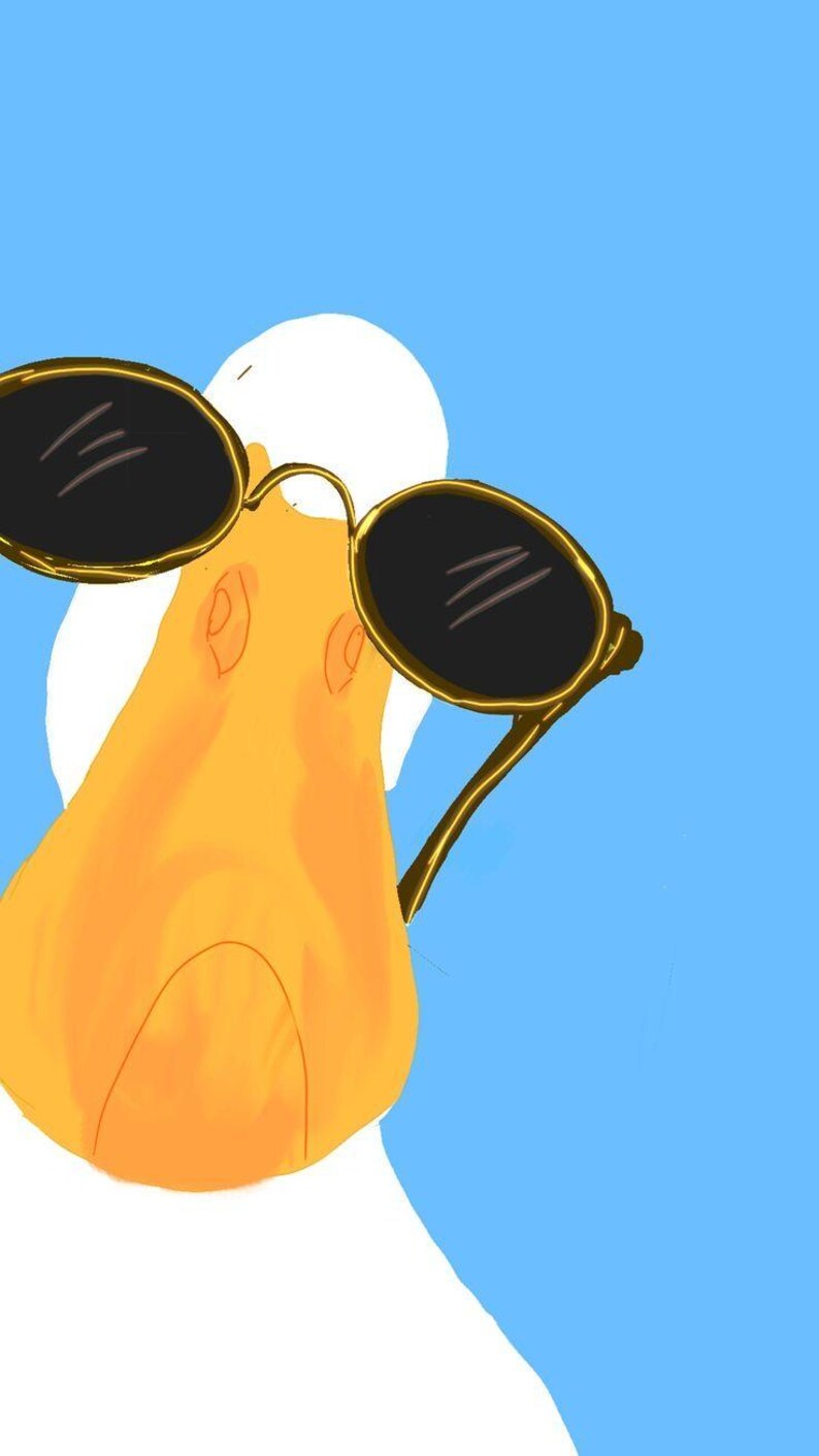 May include: Illustration of a duck's head wearing sunglasses. The duck has a yellow beak and is set against a blue background. The sunglasses have black lenses and gold frames, giving the duck a cool appearance.