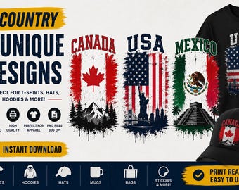 Paquete de 3 diseños de banderas de países / Gráficos para ropa de EE. UU., Canadá y México (Descarga digital)