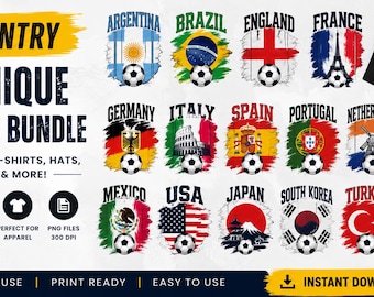 Paquete de 5 imágenes SVG de deportes de países / Paquete de imágenes PNG para aficionados al fútbol / Diseños de banderas de países para camisetas, gorras y otros productos / Descarga instantánea