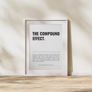 May include: A white framed print featuring the words "THE COMPOUND EFFECT" in bold black font. Beneath, smaller text explains the principle of compounding. The background is a light beige.
