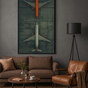 Puede incluir: Una impresi&oacute;n enmarcada que presenta dos aviones, uno naranja y otro blanco, en una pista verde. La obra de arte se exhibe en una sala de estar con un sof&aacute; marr&oacute;n, una silla de cuero y una l&aacute;mpara de pie negra. La est&eacute;tica general es moderna y minimalista.