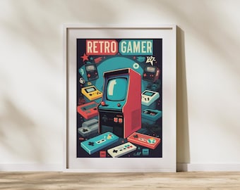 May include: A framed print featuring a retro arcade game theme. The artwork showcases a central arcade machine in red and black, surrounded by various game controllers and consoles in vibrant colors. The text "RETRO GAMER" is displayed at the top.