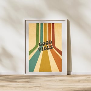 Good Vibes Retro Wall Art – 70s Aesthetic Vintage Poster, Positive Quote Print, Hippie Boho Room Decor, Colorful Groovy Artwork