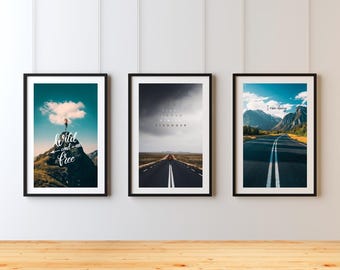 Set of 3 Poster -Mountain Adventure Print: Just Go Quote, Hiking Wall Art - ( Physical Print  or Digital Download Available)
