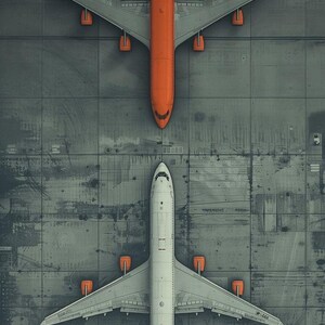 Puede incluir: Vista a&eacute;rea de dos aviones sobre una superficie de hormig&oacute;n gris. Uno es naranja, el otro blanco con detalles naranjas. Ambos tienen alas y est&aacute;n orientados en direcciones opuestas.