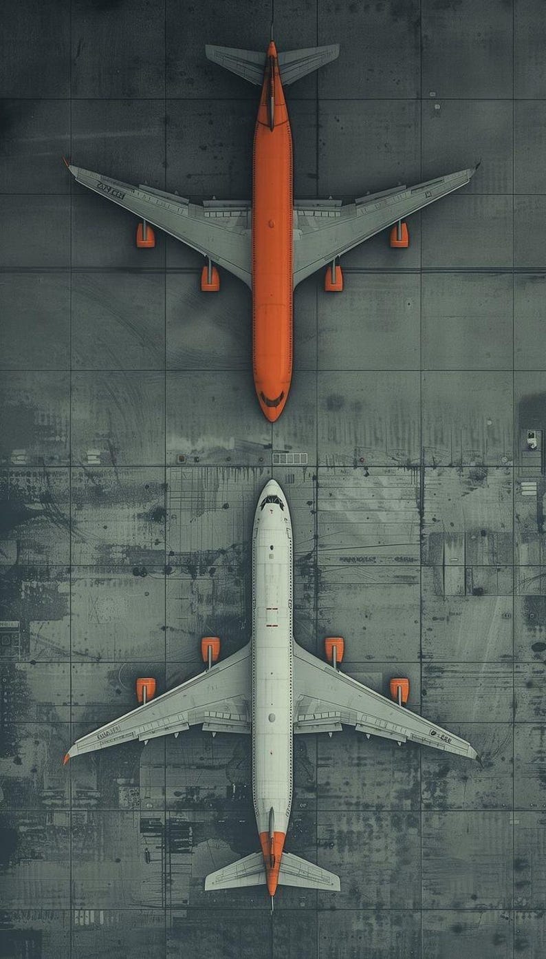Puede incluir: Vista a&eacute;rea de dos aviones sobre una superficie de hormig&oacute;n gris. Uno es naranja, el otro blanco con detalles naranjas. Ambos tienen alas y est&aacute;n orientados en direcciones opuestas.