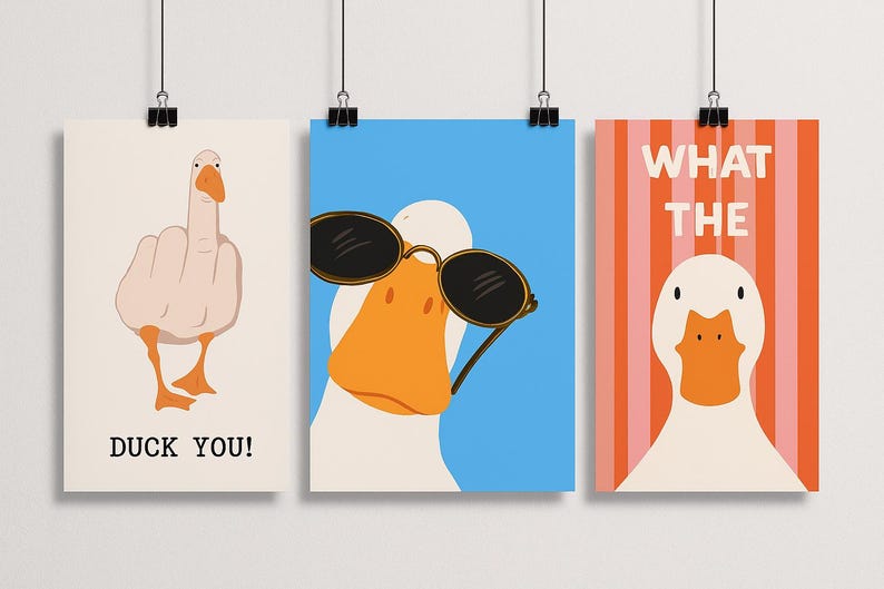 May include: Three framed art prints featuring cartoon ducks. One shows a duck giving the middle finger with the text "DUCK YOU!". Another has a duck wearing sunglasses. The third print says "WHAT THE".