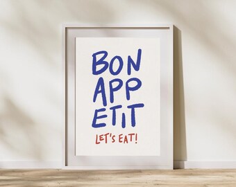 Impresión de cocina "Bon Appétit": tipografía con citas francesas, arte moderno para el comedor