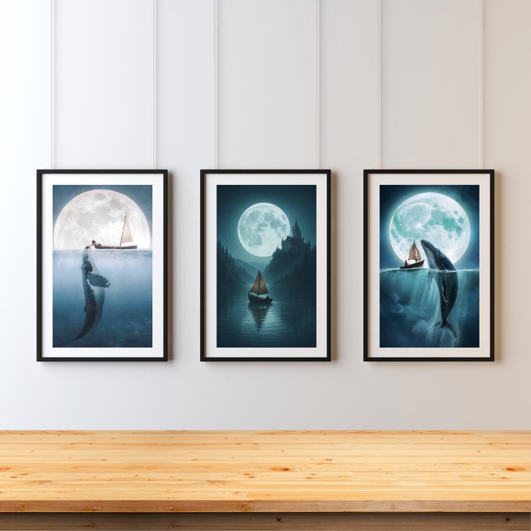 Moonlight Boat & Whale Wall Art – Set of 3 Ocean and Castle Posters ...