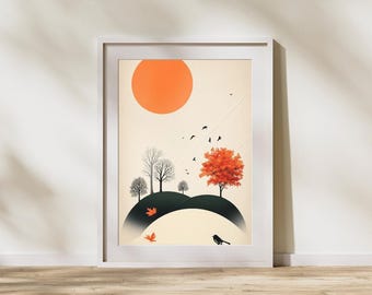 Minimalist Sunset Wall Art Print, Boho Sun Poster, Abstract Seascape Home Decor, Modern Mid Century Printable