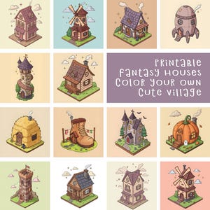 Páginas para colorear de casas de fantasía: exteriores de pueblos isométricos (PDF)