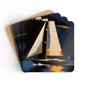 Nautical Sailboat Cork Coaster Set of 4 | Sailboat Design | Home Bar, Beach House Gift, Summer Vibes, Coasters for Drinks, Sailing Coaster