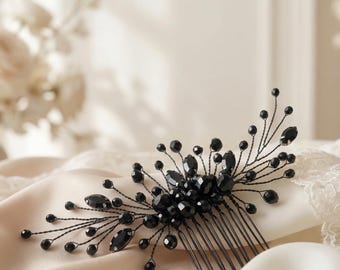 Black Crystal Hair Comb, Gothic Bridal Accessory, Wedding Piece, Prom Jewelry, Handmade Headpiece