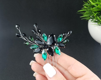 Emerald & Black Crystal Bridal Hair Comb - Handmade Asymmetrical Hairpiece
