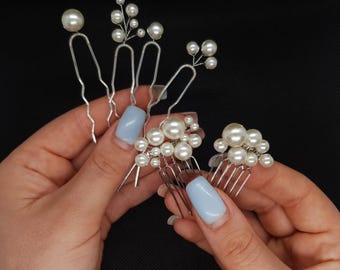 Handmade Beige Pearl Bridal Hair Set – Silver Wedding Pins & Combs