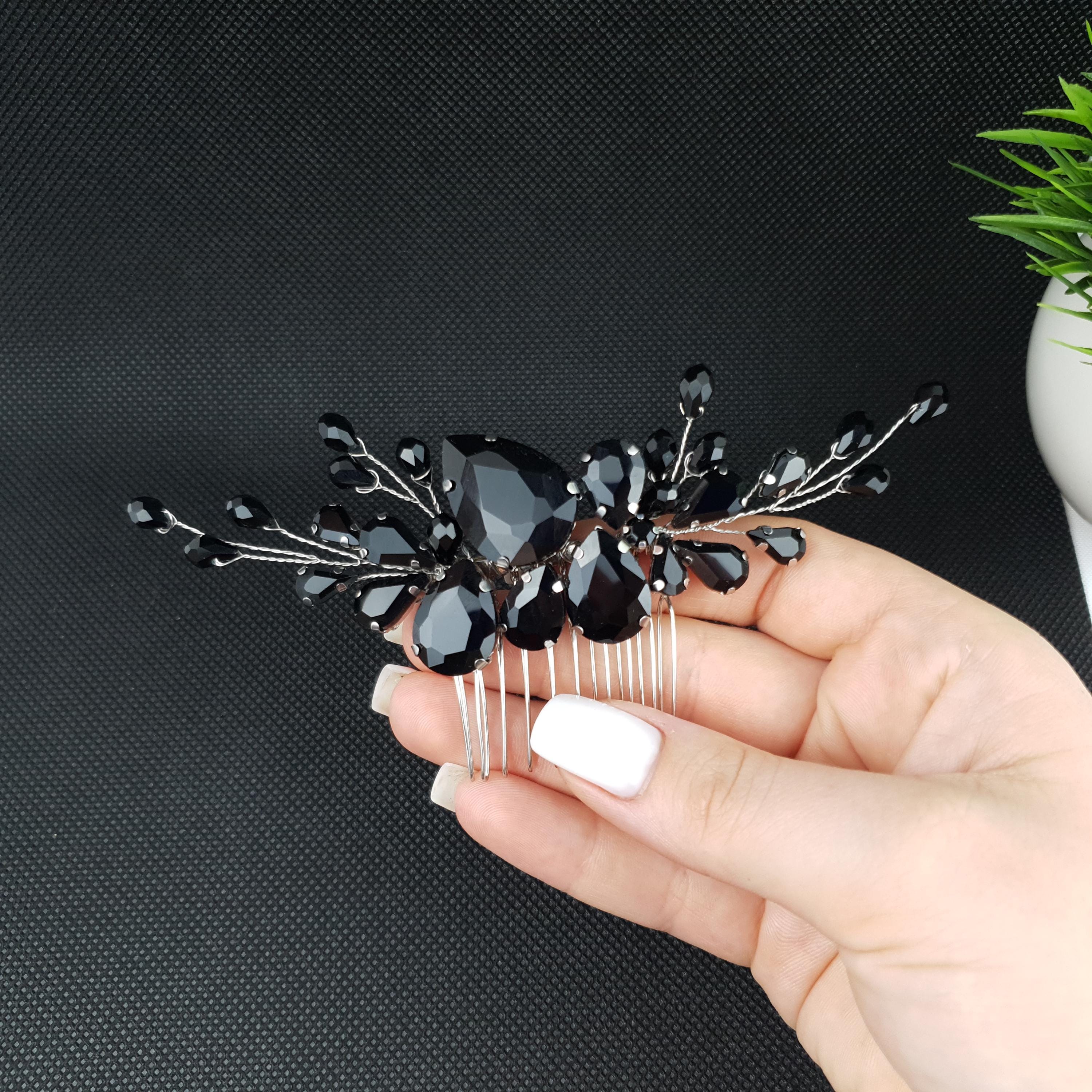 Black Crystal Hair Comb – Handmade Silver Hairpiece for Bride, Bridesmaid, Prom or Party